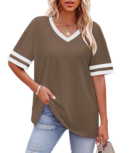 Image of WIHOLL Womens T Shirts Loose Fit Short Sleeve Tees V Neck Color Block Summer Tops 2026 Fashion S-4XL