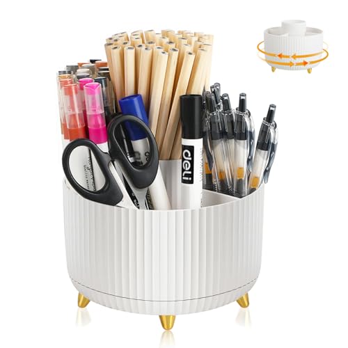 Portalapices Escritorio Giratorio 360° - Organizador Escritorio, Rotación 360°, 5 Compartimentos, Material HIPS+PS, Ideal para Suministros de Oficina, Cosméticos y Herramientas