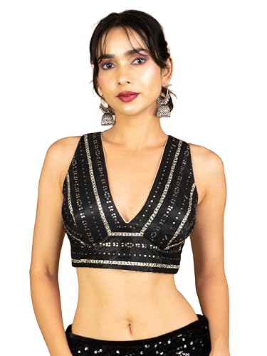 Image of FIGURE'S DESIGNER Women's Sequin Embroidered SabyaSachi Cut V Neck Sleeveless Readymade Saree Blouse E24
