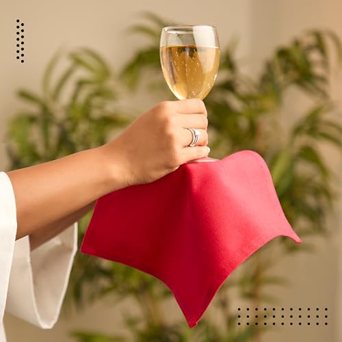 Image of Encasa XO Dining Cocktail Napkins 12 pcs (1 Dozen) Set of Large 23x23 cm (9 inchx9 inch) - Deep Red - Absorbent Heavy Cotton Party Fabric Machine Washable for Home Restaurant Banquet & Hotel