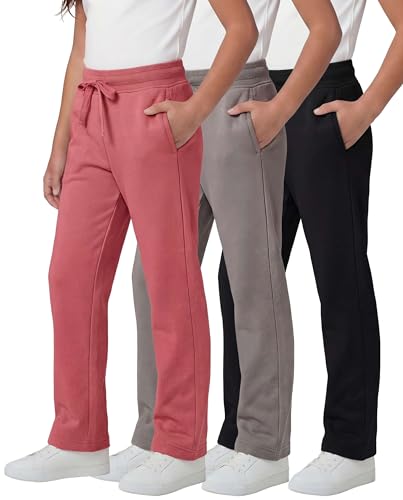 Image of Real Essentials 3 Pack: Girls' Fleece Open Bottom Soft Athletic Performance Casual Sweatpants(Ages 7-16)