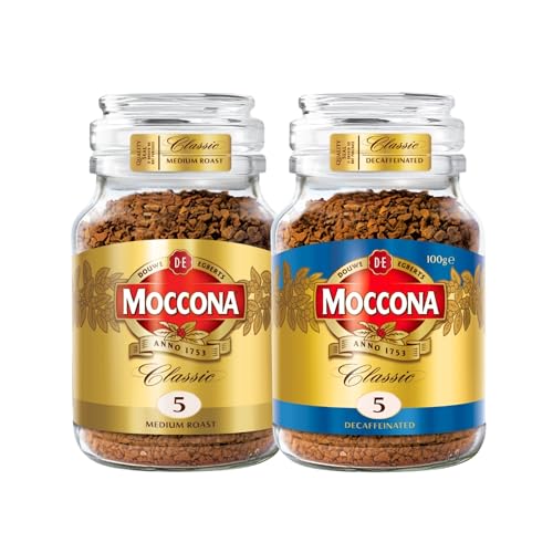Image of Moccona Classic Medium Roast + Classic Decaffeinated Instant Coffee - 200g (Pack of 2)| Imported Coffee | Premium Arabica & Robusta Blend | Freeze-Dried | Bold & Strong Flavor