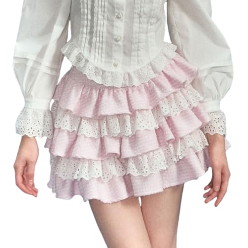 Women Ruffle Layered Mini Skirt High Waist Lace Patchwork Short Skirt Striped A-line Ruched Flowy Skrit