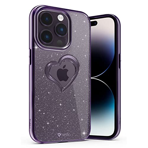 VENA vLove Glitter Clear Case Compatible With Apple iPhone 14 Pro (6.1-inch), Heart Shape (Magsafe Compatible) Dual Layer Slim Hybrid Clear Bumper Case Cover - Purple with Glitter
