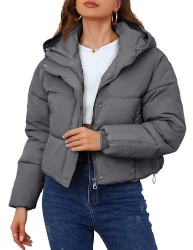 Yimoon Chaqueta corta acolchada con capucha para mujer, con cremallera, acolchada, ligera, cálida para invierno, Grisoscuro, S