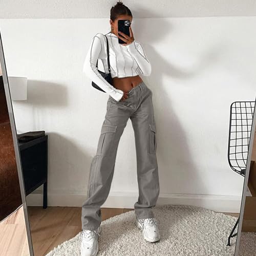 Image of Lepunuo Cargo Pants for Women High Waisted Casual Pants Baggy Stretchy Wide Leg Y2K Streetwear with 6 Pockets