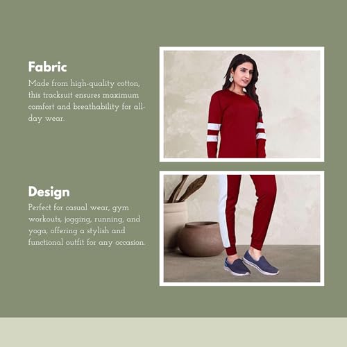 Image of ALISBA Women's Cotton Solid Tracksuit with Round Neck Full Sleeve Straight Length Relaxed Fit and Drawstring Closure Pant