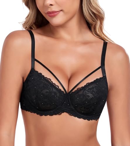 Lemorosy Reggiseno Donna Sexy in Pizzo florido con Ferretto Senza Imbottitura a Nastro Decorativo Push up per Taglie Forti (Nero,5D)