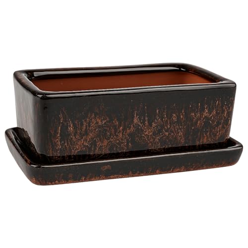 FRANCACOR Maceta TERRINA Bonsai Barro ESMALTADO Colores con Plato - Jardinera Rectangular con Plato (Verde BAMBÚ)