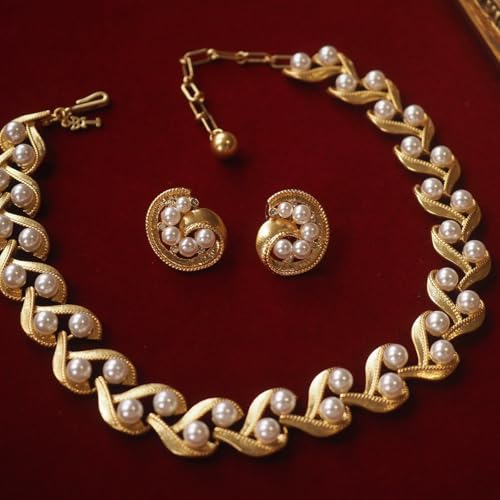 Boucles d'oreilles non percées vintage avec collier ruban perle brossée