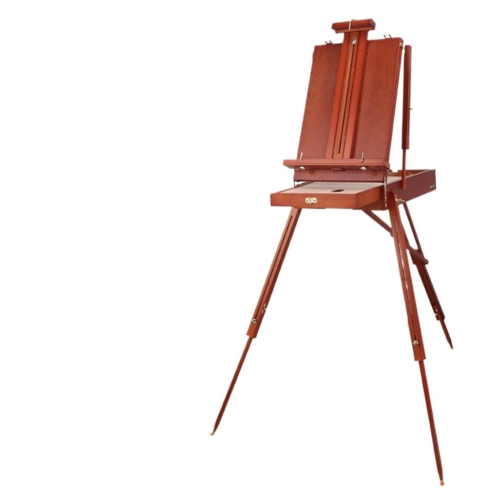 Caballete de dibujo madera, caja pintura al óleo con barra tiro mano, soporte portátil for, caballete(Rosso)