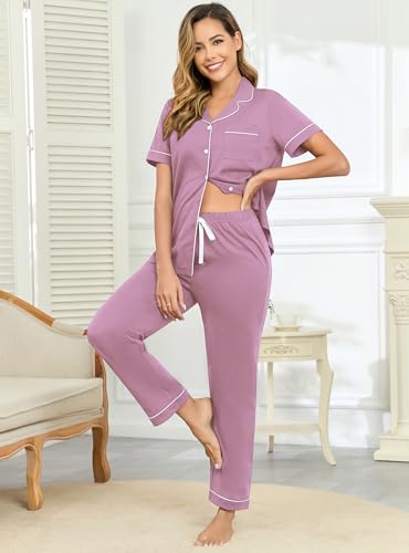 Image of Veseacky 100% Cotton Pajamas for Women Set Short Sleeve Button Down Sleepwear Soft 2 Piece Summer Pjs Lounge Sets S-XXL