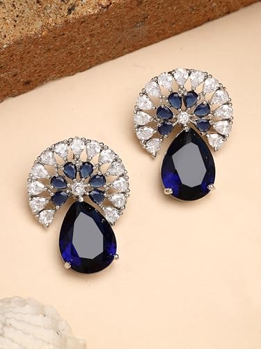 Image of Karatcart Silver Tone Diamond Shape Pink and Blue Carved Stone Studded Drop Earrings for Women