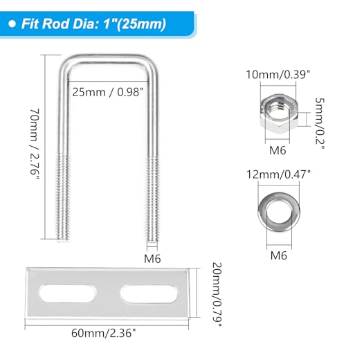 Image of 4 Pack Square U-Bolts 1 inch /25mm Inner Width 2.75 inch /70mm Length 304 Stainless Steel U Bolts M6 with Washers & Nuts & Frame Plate for Automobiles Trailer, Ski Boat, or Sailboat Trailer