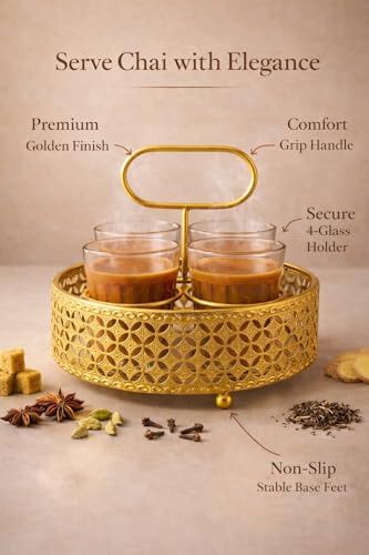 Image of Printed Tea Glass Set with Golden Metal Stand | Set of 4 Cutting Chai Glasses 120ml | Designer Iron Holder Tray for Tea Coffee Serving | Home Kitchen Cafe Use (Gold)
