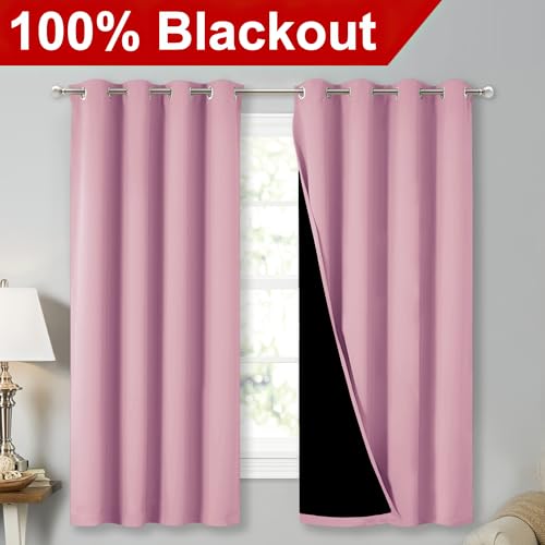 Image of NICETOWN 100% Blackout Curtains with Black Liners, Thermal Insulated Full Blackout 2-Layer Lined Drapes, Energy Efficiency Window Draperies for Bedroom (Crystal Pink, 2 Panels, 52-inch W by 63-inch L)