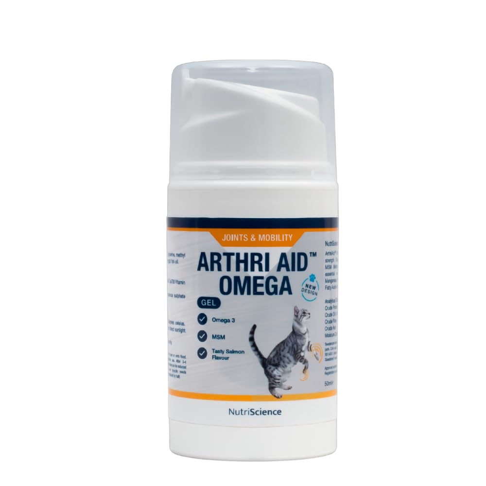 NutriScience ArthriAid Omega Cat Gel – Saveur saumon, complément pour articulations des chats (50 ml) – Avec glucosamine, chondroïtine, MSM et oméga 3 – Soutient la santé et la mobilité articulaires
