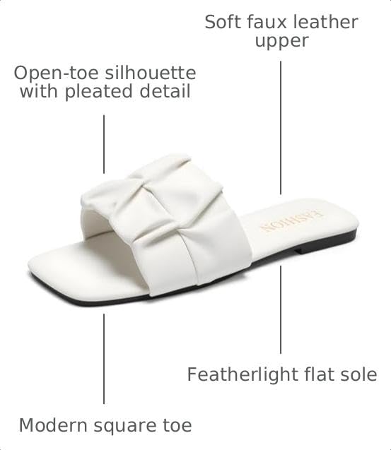 Image of Women's Pleated Square Toe Slide Sandals, Trendy Wedding & Summer Flat Sandals
