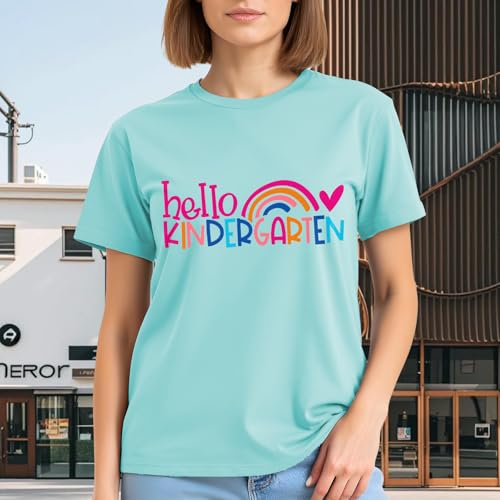 Image of Kindergarten Teacher Shirts for Women-Rainbow Heart Short Sleeves | Cute Back to School Shirt Great for Preschool Educators Classroom Daily Work First Day Celebration Events