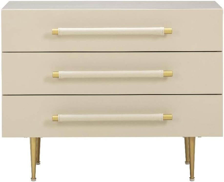 Pemberly Row Contemporary Taupe 3-Drawer Nightstand, 28" W x 19" D x 22" H, Soft-Close Drawers, Vegan Leather Handles, Brass Accents, Compact Bedroom Storage, Modern Style
