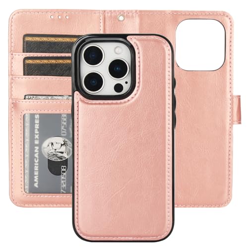 Bocasal Detachable Wallet Case Card Holder for iPhone 16 Pro, Rose Gold