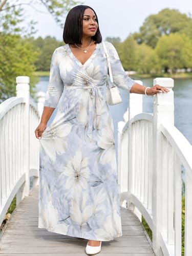 Image of PinkPatty Plus Size Maxi Dresses for Women Casual Flowy Long Dress 3 /4 Sleeve V Neck Wrap Dress with Belt