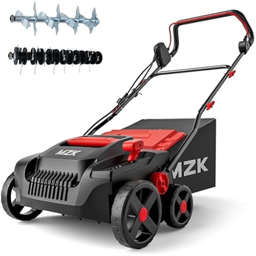 MZK 15-inch 13-Amp 2-in-1 Electric Dethatcher and Scarifier w/Removeable 5-Position Height Adjustment,Lawn dethatcher w/12-Gallon Thatch Collection Bag,Keep Lawn Health