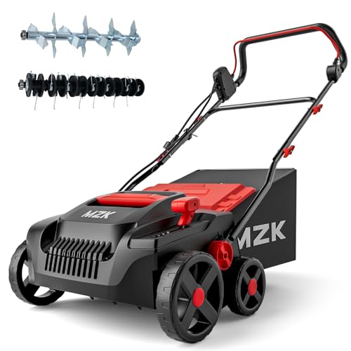 MZK 15-inch 2-in-1 Electric Dethatcher and Scarifier w/Removeable 5-Position Height Adjustment,Lawn dethatcher w/12-Gallon Thatch Collection Bag,Keep Lawn Health by MZK - Used condition - US$111.37