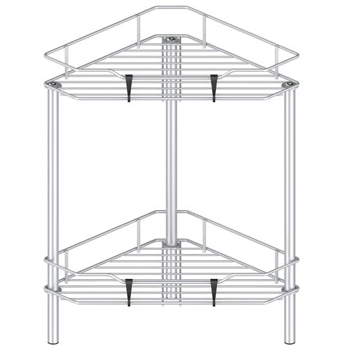 Image of HuggieGems 2 Tier Floor Standing Corner Shower Caddy Organizer Shelf with Hooks, Bathroom Shelves Stand Rack, Silver