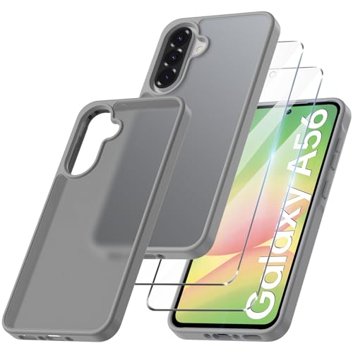 Qasyfanc Matt Handyhülle Kompatibel mit Samsung Galaxy A56 5G Hülle mit Kameraschutz und 2 Stück Schutzfolie, Hard PC Nie Vergilbung Case Militärschutz Kratzfest Rutschfest Schutzhülle, Grau