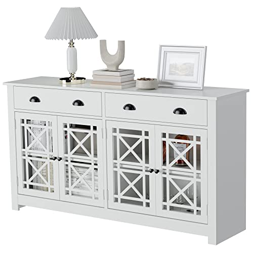 Cozy Castle Modern Buffet Cabinet With Drawers, Wood Sideboard Buffet Cabinet With 4 Acrylic Glass Doors, Bar Cabinet For Kitchen, Dining Room, White #TOP7