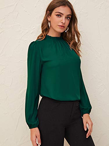 Milumia Women Elegant Mock Neck Bishop Long Sleeve Pleated Blouse Keyhole Back Solid Top Dark Green Medium #TOP5