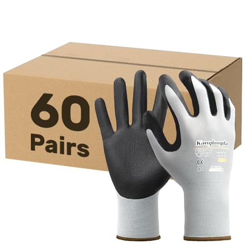 Image of Kebada Work Gloves for Men and Women, Sandy Nitrile Coated, 60 Pairs | Bulk Pack, Touchscreen Safety Work Gloves, Breathable Knit, Secure Grip, Ideal for Gardening, Warehouse and Mechanic Work