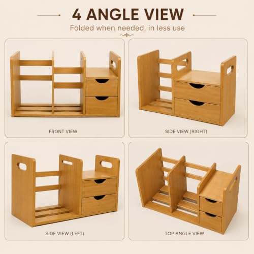 Image of Expandable Wooden Desk Organizer with 2 Drawers Adjustable Desktop Bookshelf Office Desk Storage Rack Study Table File Holder Stationery Organizer Engineered Wood Brown