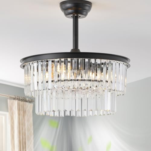 Image of 20 inch Black Crystal Fandelier Ceiling Fans with Lights,Farmhouse Rustic Caged Crystal Chandelier Ceiling Fan with Light Remote Control with 6 Speeds for Bedroom, Nursery, Living Room