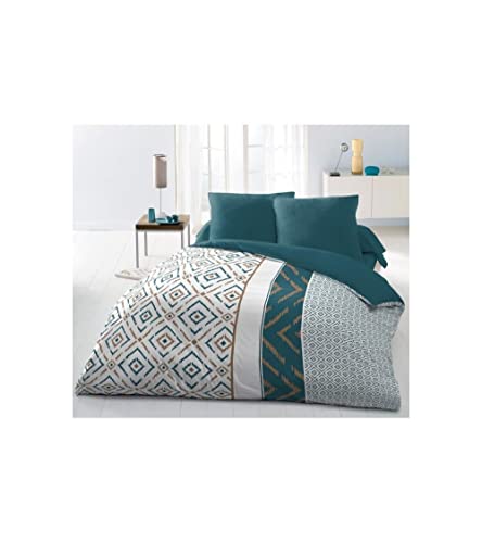 HOME LINGE PASSION Parure de Couette Microfibre Ethno 220x240cm et 2 taies d'oreillers 63x63cm Bleu Canard Cover