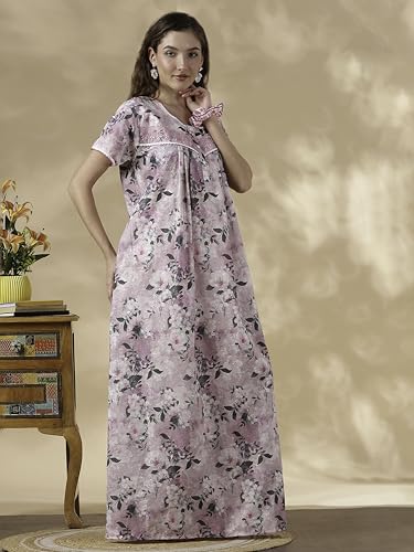 Image of 9shines Label Stylish Chikankari Cotton Nighty Maxi for Women | Full Length Nightgown | Nightdress with Pocket | Embroidery Nighty | Soft Comfortable Cotton Nightwear (1545)