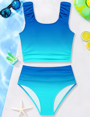 Image of Girls Tankini Swimsuit 2 Piece Bathing Suit Twist Cross Back Cutout Swim Tank Top Floral Print Swimwear for 7-18Y