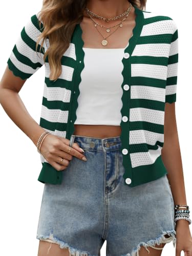 Biodeer Women's 2026 Spring Summer Striped Knit Cardigan Short Sleeve Button Down Cropped Sweater Top for Dresses
