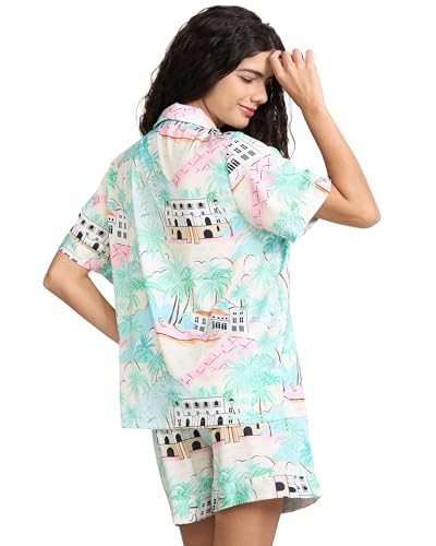 Image of YiNi LuLu Womens Silk Satin Shorts Pajamas Set Button Down 2 Piece Pjs Short Sleeve Oversized Sleepwear with Pockets