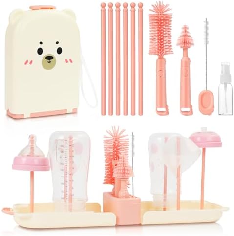 Vicloon 6 in 1 Reise Baby Flaschenbürsten Set, Tragbar Babyflaschen Bürste Set mit Silikonflaschenbürste, Strohhalmbürste, Schnullerbürste, Flaschentrockner und Spenderflaschen, BP