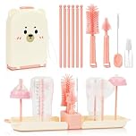 Vicloon 6 in 1 Baby Bottle Brush Set, Travel Bottle Cleaner Kit with Silicone Bottle/Nipple/Straw Brush, Soap Dispenser, and Drying Rack, Baby Travel Essentials (Pink)