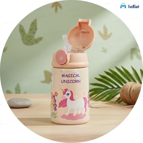Image of FunBlast Unicorn Theme Water Bottle for Kids - Cute Water Bottle with Straw, Insulated Stainless Steel Bottle, Sipper Bottle for Kids (300 ML)