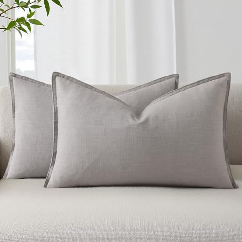 Image of decorUhome Decorative Linen Throw Pillow Covers 12x20 Inch Set of 2 Light Grey Lumbar Pillow Covers with Flange Edges Soft Farmhouse Boho Accent Pillow Cases for Couch Bed Living Room