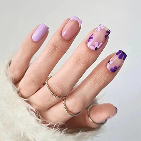 Short Square Press on Nails 24pcs Aegenacess Fake Nail Glossy French False Nails with Designs Nails Art Tips Sets Full Cover Press ons with Glue Stickers Finger Manicure for Women (Purple Flowers) Cover