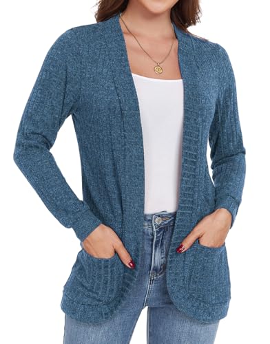 GRECERELLE Womens Long Sleeve Open Front Cardigan Casual V-Neck Curved Hem Ribbed Knit Sweater Outerwear Blue, X-Large