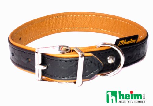 Heim 3768308 Lederhalsband 'Tredi' mit modernen aufgeprägten Narben, 20 mm breit, 30 cm lang, schwarz mit cognac-farbener Unterfütterung