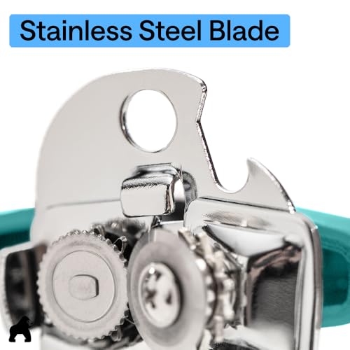 Image of GORILLA GRIP Upgraded Model Stainless Steel Manual Can Opener, Turquoise | US Designed, Oversized Handheld Turn Knob, Comfortable Handle for Easy Turning, Multifunctional Kitchen Tool, Open Bottles
