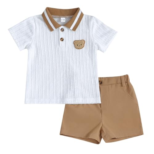 LUVCES Ensemble Vêtements pour Bébés Garçons Été Tenues Polo Ours Mignon à Manches Courtes Short à Boutons et Poches 2Pcs Printemps Vêtements Blanc 6-9 Mois