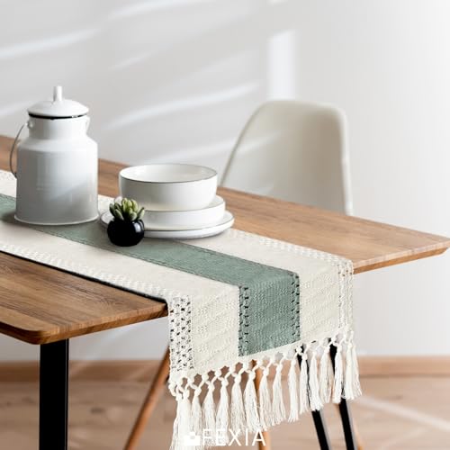 Image of FEXIA Sage Green Table Runner 72 Inches Long with Tassels Boho for Summer Home Decor Rustic Macrame Farmhouse Table Cover for Wedding Party Bohemian Bridal Shower Dining Decorations(12x72 Inches)